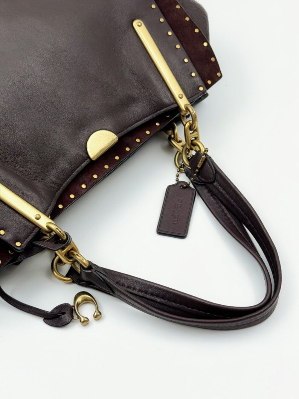 Coach Dark Brown Leather Studded Satchel with Gold Hardware - Picture 8 of 14
